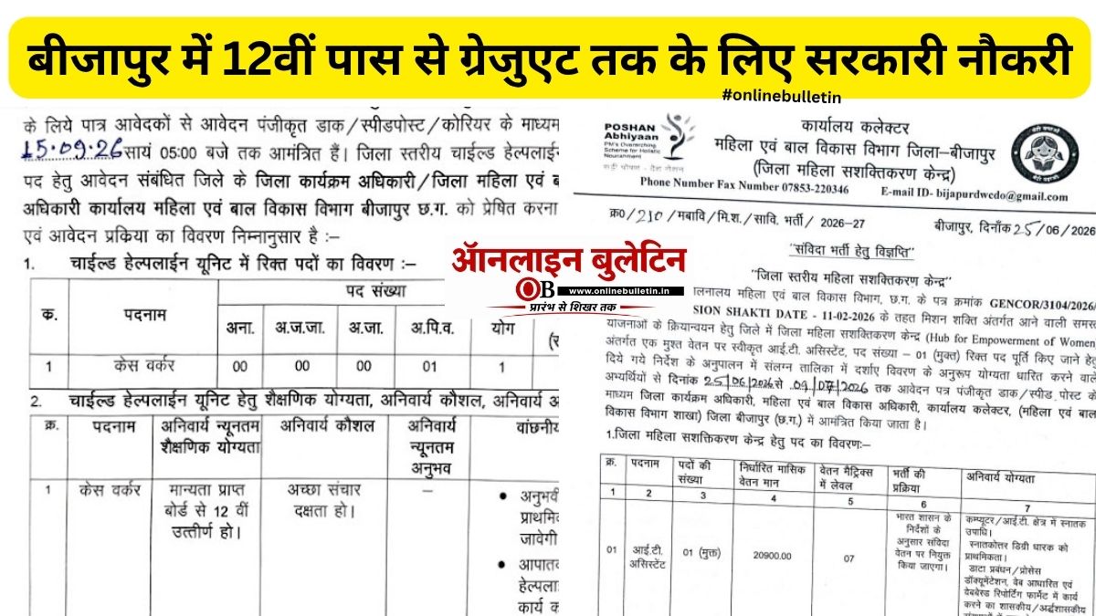 WCD Bijapur Recruitment 2026: बीजापुर में 12वीं पास से ग्रेजुएट तक के लिए सरकारी नौकरी का मौका, 15 सितंबर से पहले करें आवेदन